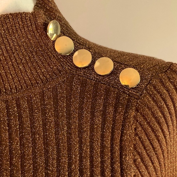 INC Copper Brown Metallic Rib Knit Sweater with Gold Shoulder Buttons NWT - Picture 6 of 16